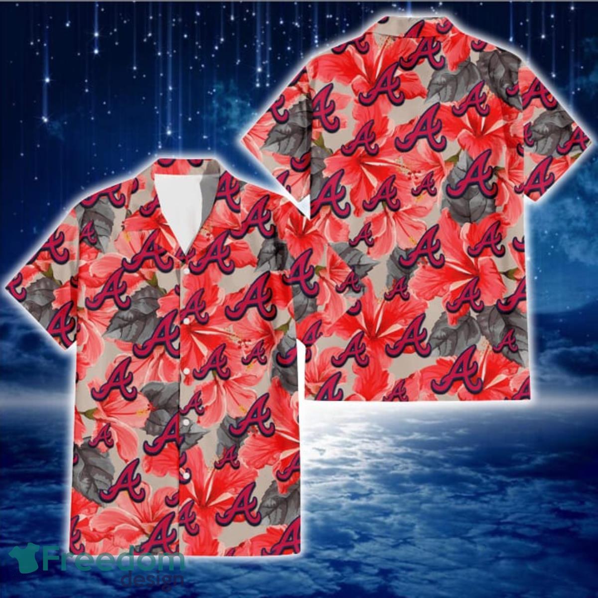 Atlanta Braves Red Hibiscus Gray Leaf Gainsboro Background 3D Hawaiian Shirt Gift For Fans Atlanta Braves Red Hibiscus Gray Leaf Gainsboro Background 3D Hawaiian Shirt Gift For Fans