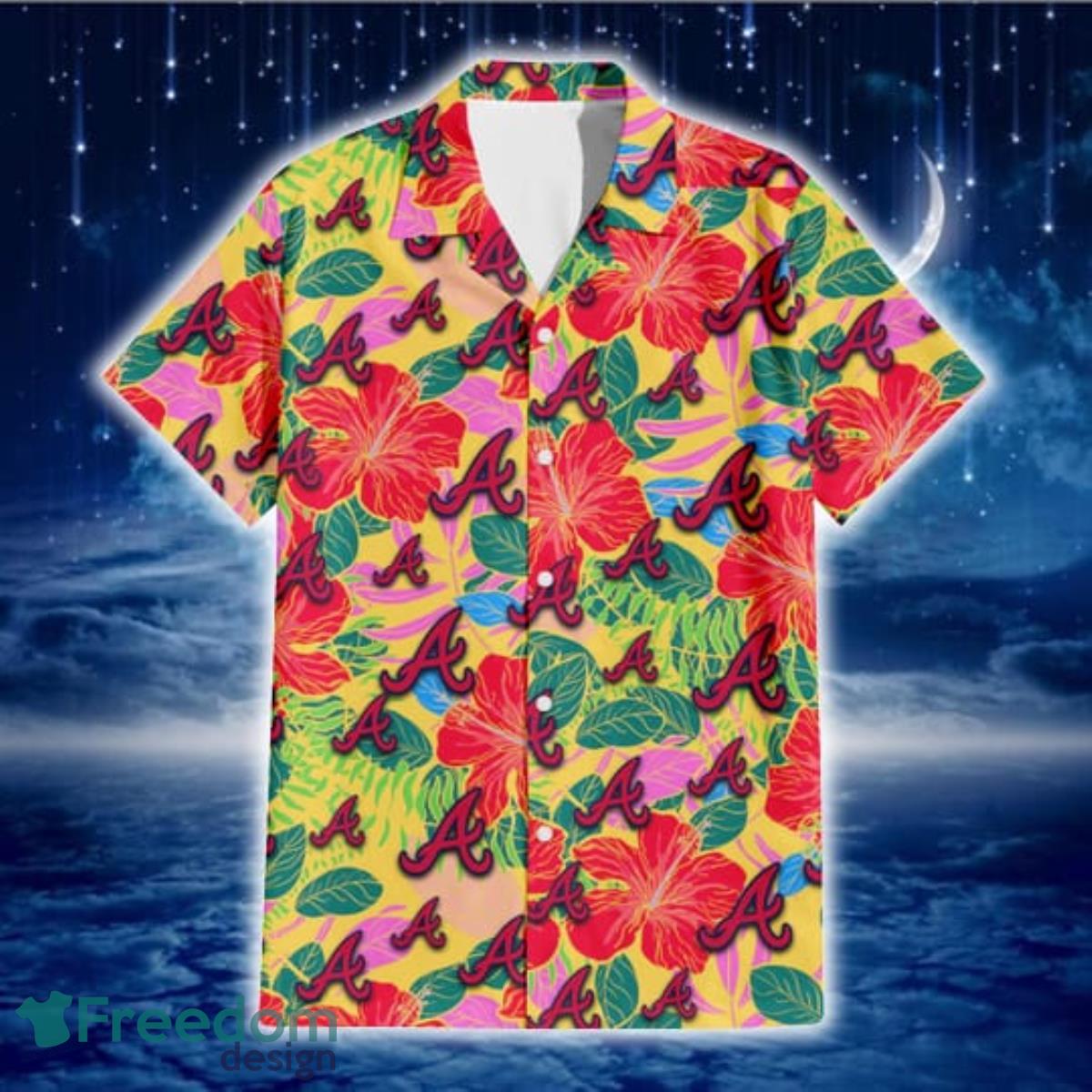 Atlanta-Braves-Red-Hibiscus-Green-Blue-Leaf-Yellow-Background-3D-Hawaiian-Shirt-Gift-For-Fans-1