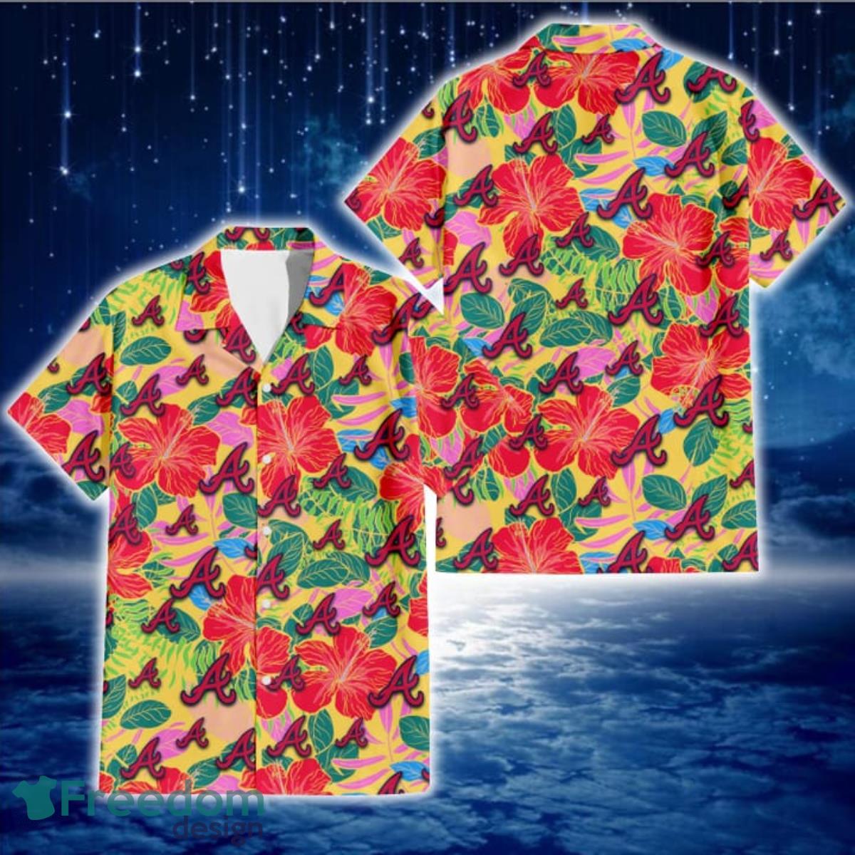 Atlanta Braves Red Hibiscus Green Blue Leaf Yellow Background 3D Hawaiian Shirt Gift For Fans Atlanta Braves Red Hibiscus Green Blue Leaf Yellow Background 3D Hawaiian Shirt Gift For Fans