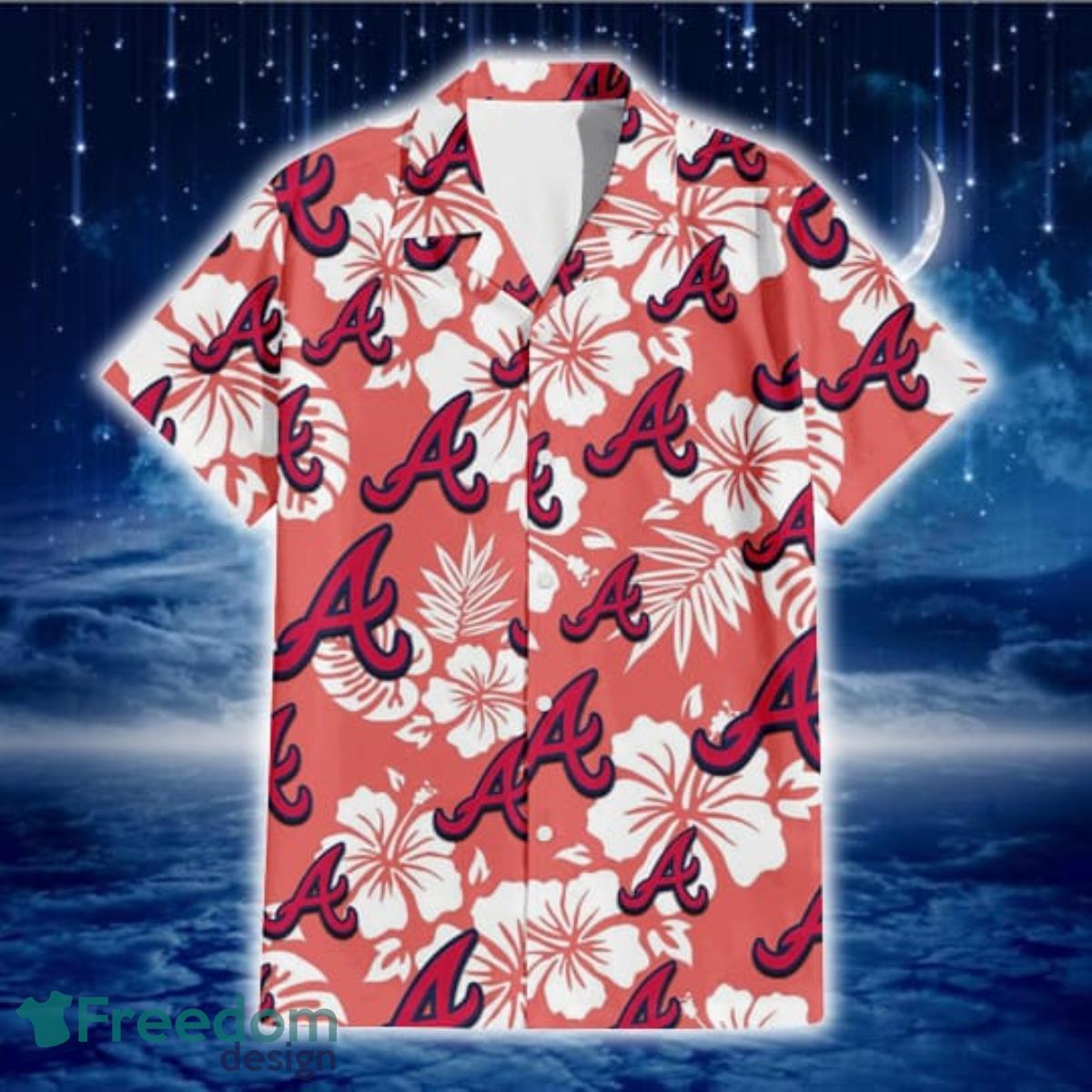 Atlanta Braves White Hibiscus Salmon Background 3D Hawaiian Shirt Gift For Fans