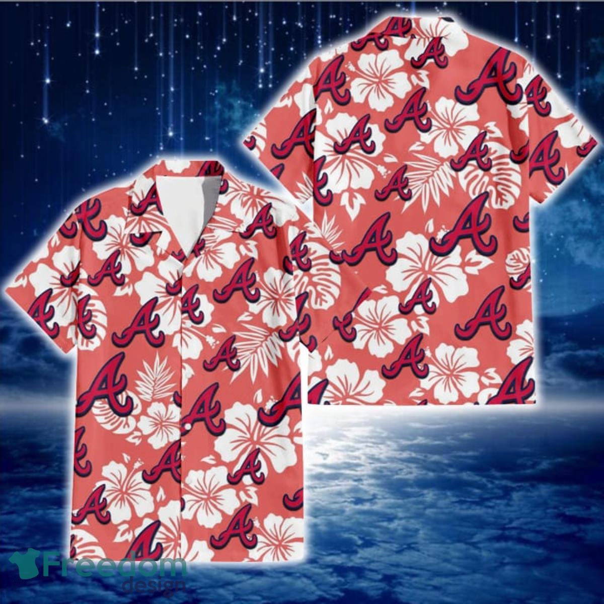 Atlanta Braves White Hibiscus Salmon Background 3D Hawaiian Shirt Gift For Fans Atlanta Braves White Hibiscus Salmon Background 3D Hawaiian Shirt Gift For Fans