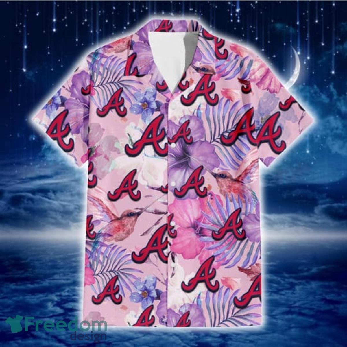 Atlanta-Braves-White-Purple-Hibiscus-Pink-Hummingbird-Pink-Background-3D-Hawaiian-Shirt-Gift-For-Fans-1