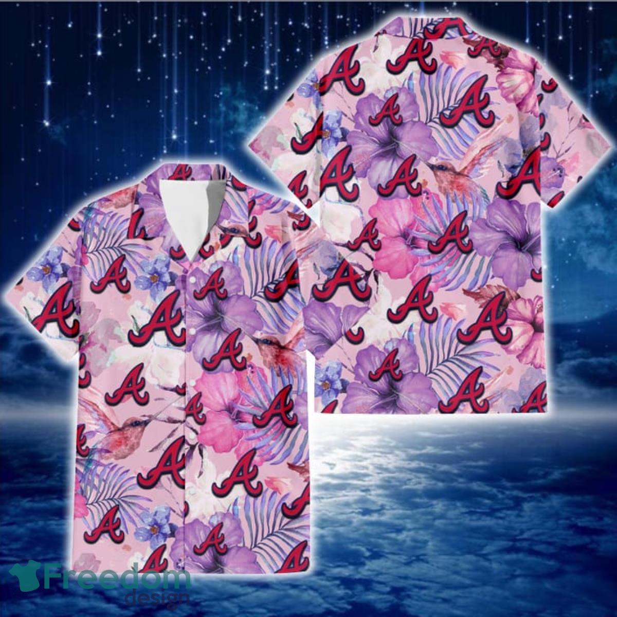 Atlanta Braves White Purple Hibiscus Pink Hummingbird Pink Background 3D Hawaiian Shirt Gift For Fans Atlanta Braves White Purple Hibiscus Pink Hummingbird Pink Background 3D Hawaiian Shirt Gift For Fans