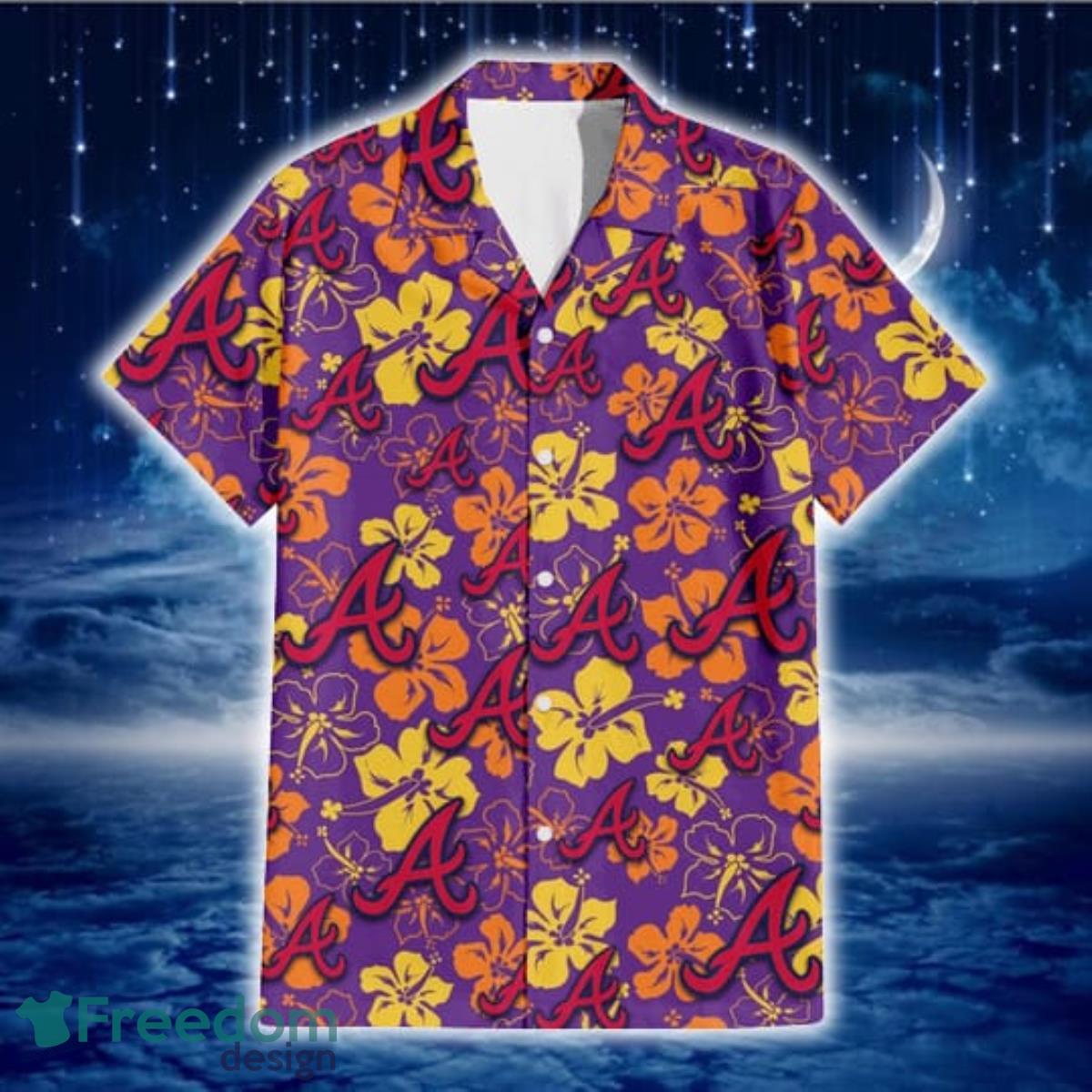 Atlanta-Braves-Yellow-And-Orange-Hibiscus-Purple-Background-3D-Hawaiian-Shirt-Gift-For-Fans-1