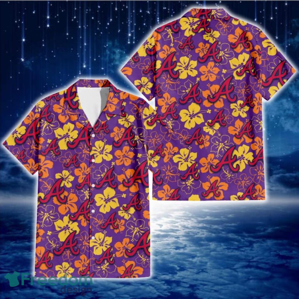 Atlanta Braves Yellow And Orange Hibiscus Purple Background 3D Hawaiian Shirt Gift For Fans Atlanta Braves Yellow And Orange Hibiscus Purple Background 3D Hawaiian Shirt Gift For Fans