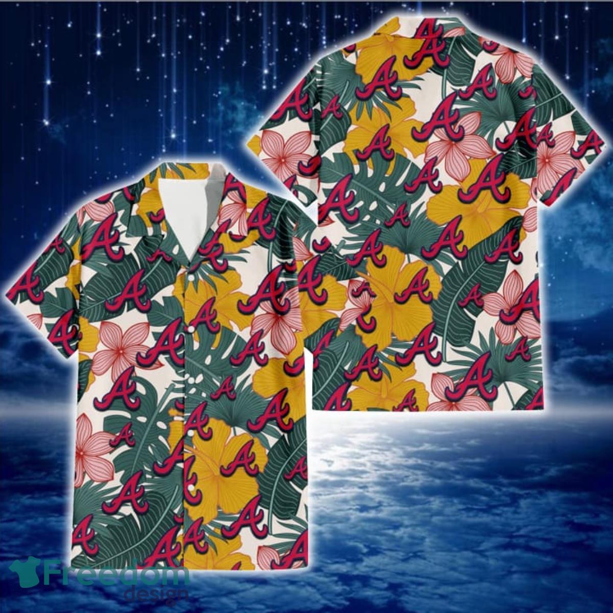 Atlanta Braves Yellow Hibiscus Green Banana Leaf Pink Porcelain Flower 3D Hawaiian Shirt Gift For Fans Atlanta Braves Yellow Hibiscus Green Banana Leaf Pink Porcelain Flower 3D Hawaiian Shirt Gift For Fans