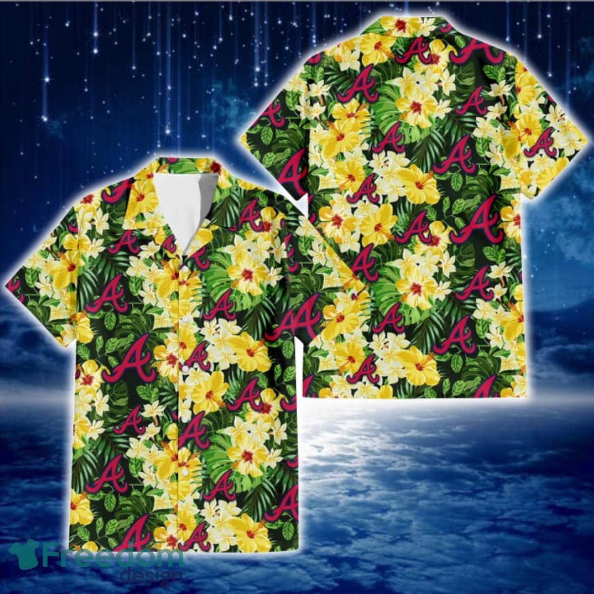 Atlanta Braves Yellow Hibiscus Tropical Green Leaf Black Background 3D Hawaiian Shirt Gift For Fans Atlanta Braves Yellow Hibiscus Tropical Green Leaf Black Background 3D Hawaiian Shirt Gift For Fans
