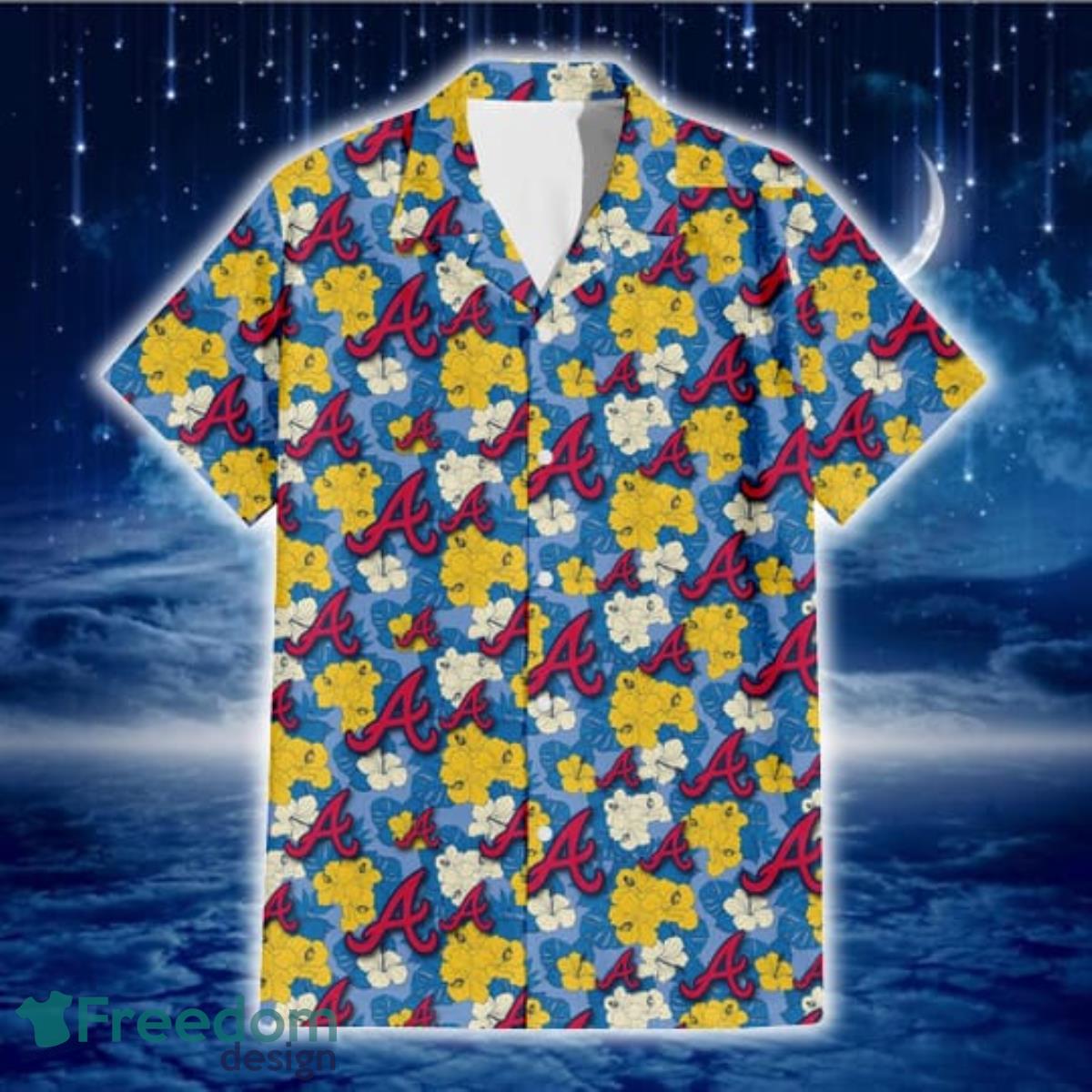 Atlanta-Braves-Yellow-White-Hibiscus-Powder-Blue-Background-3D-Hawaiian-Shirt-Gift-For-Fans-1
