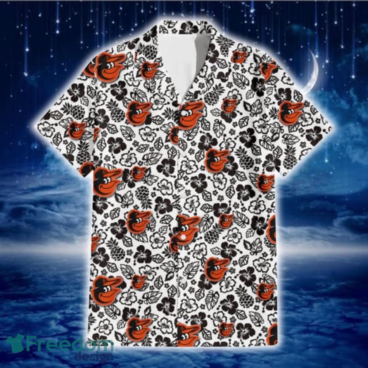 Baltimore-Orioles-Black-And-White-Hibiscus-Leaf-White-Background-3D-Hawaiian-Shirt-Gift-For-Fans-1