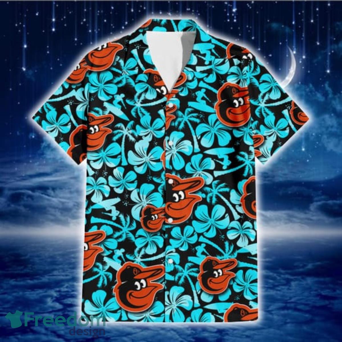 Baltimore-Orioles-Blue-Hibiscus-Blue-Coconut-Tree-Black-Background-3D-Hawaiian-Shirt-Gift-For-Fans-1