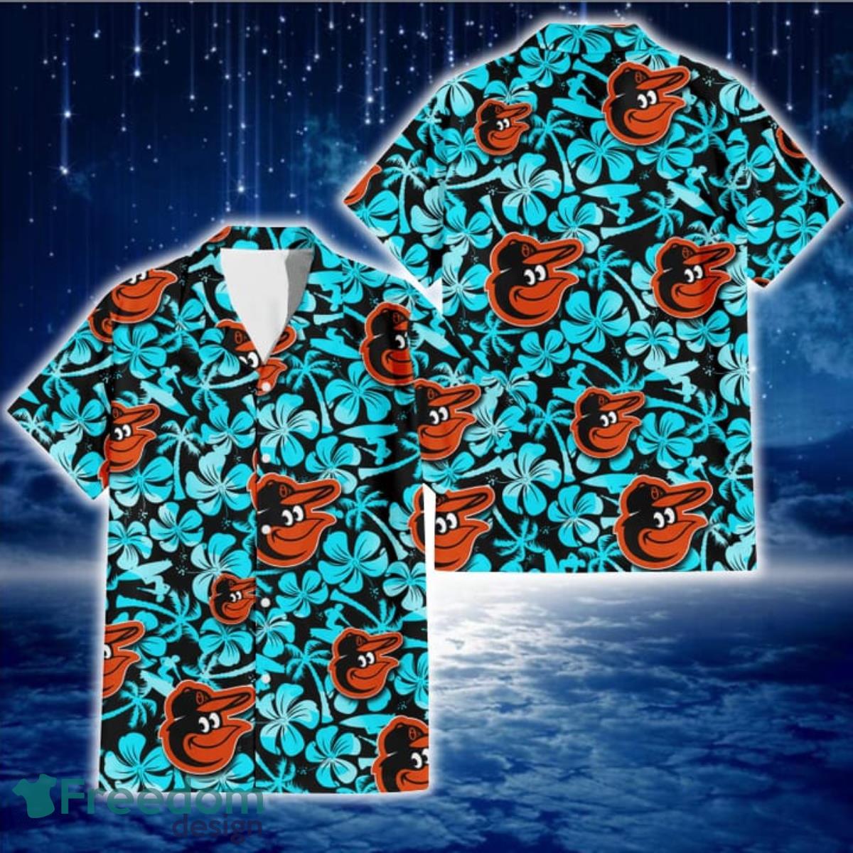 Baltimore Orioles Blue Hibiscus Blue Coconut Tree Black Background 3D Hawaiian Shirt Gift For Fans Baltimore Orioles Blue Hibiscus Blue Coconut Tree Black Background 3D Hawaiian Shirt Gift For Fans