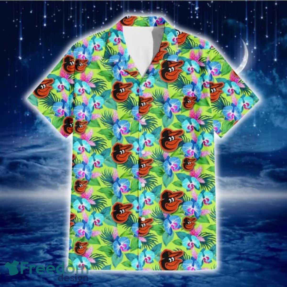 Baltimore-Orioles-Blue-Orchid-Green-Pink-Leaf-Green-Background-3D-Hawaiian-Shirt-Gift-For-Fans-1