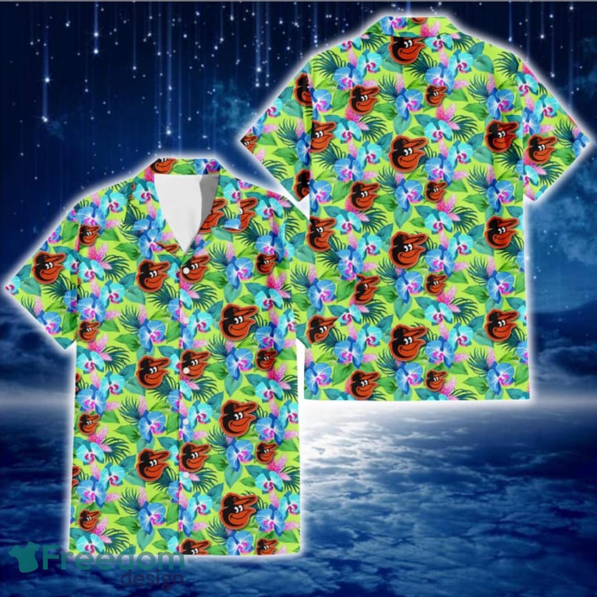 Baltimore Orioles Blue Orchid Green Pink Leaf Green Background 3D Hawaiian Shirt Gift For Fans Baltimore Orioles Blue Orchid Green Pink Leaf Green Background 3D Hawaiian Shirt Gift For Fans