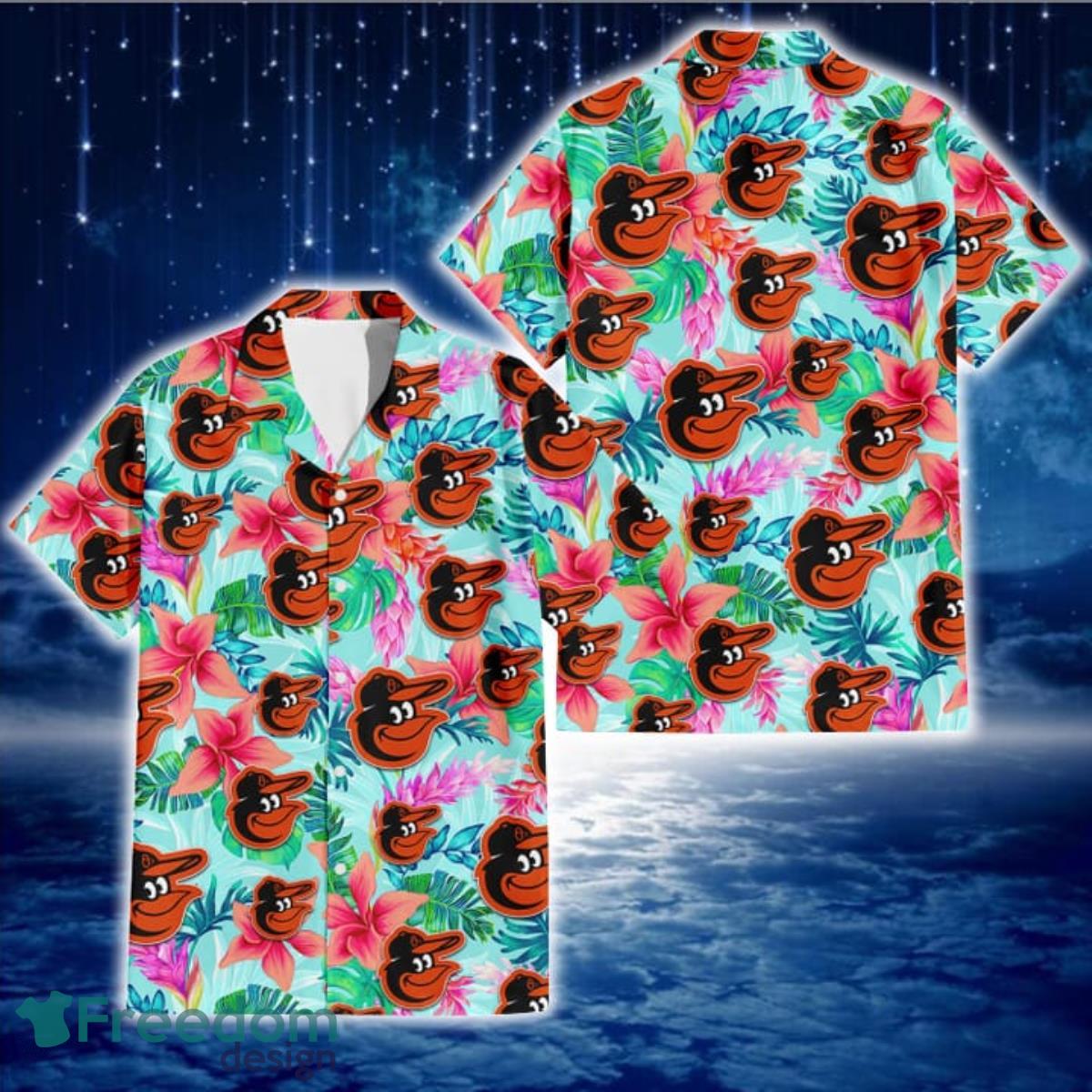 Baltimore Orioles Coral Porcelain Flower Violet Orchid Light Blue Background 3D Hawaiian Shirt Gift For Fans Baltimore Orioles Coral Porcelain Flower Violet Orchid Light Blue Background 3D Hawaiian Shirt Gift For Fans