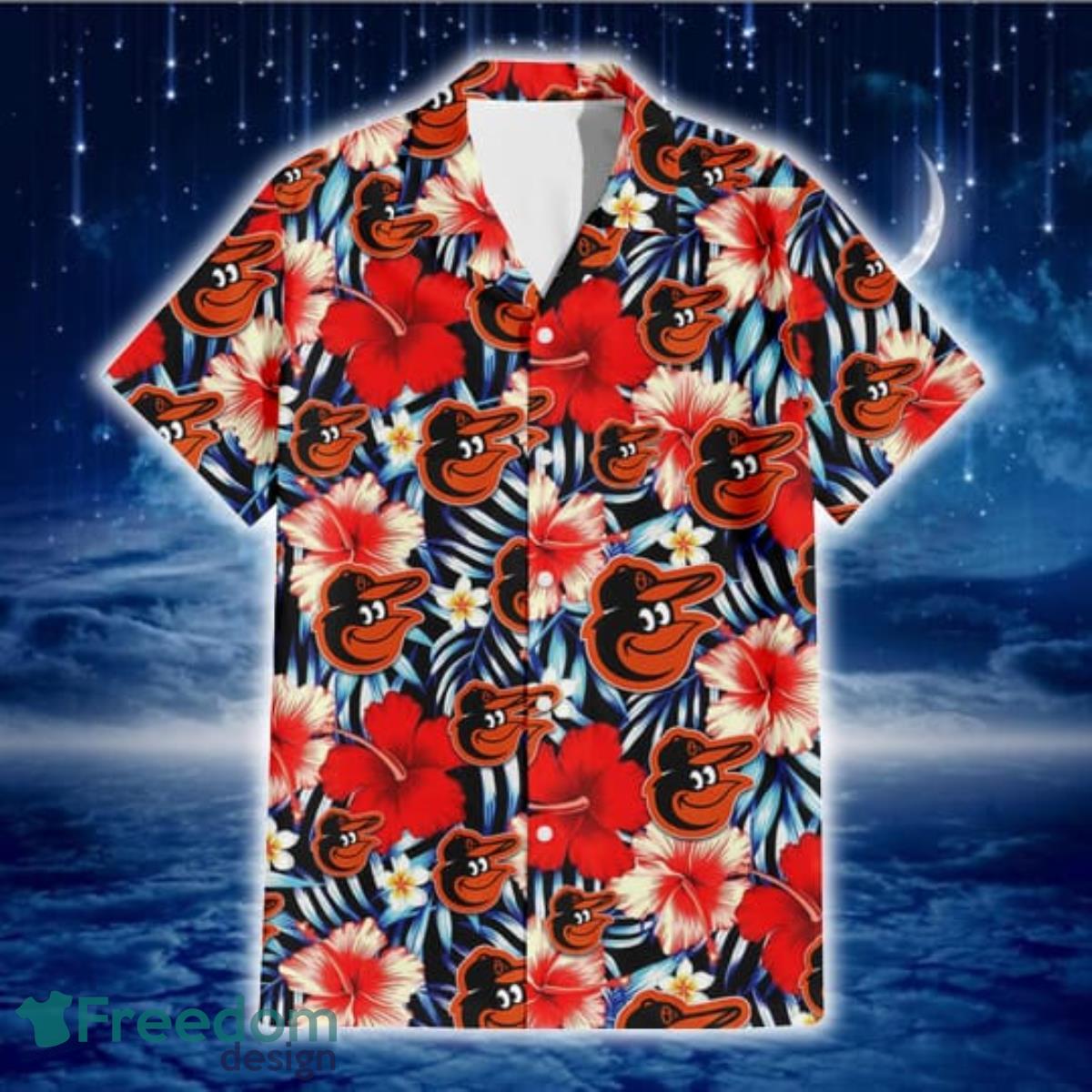 Baltimore-Orioles-Coral-Red-Hibiscus-Blue-Palm-Leaf-Black-Background-3D-Hawaiian-Shirt-Gift-For-Fans-1