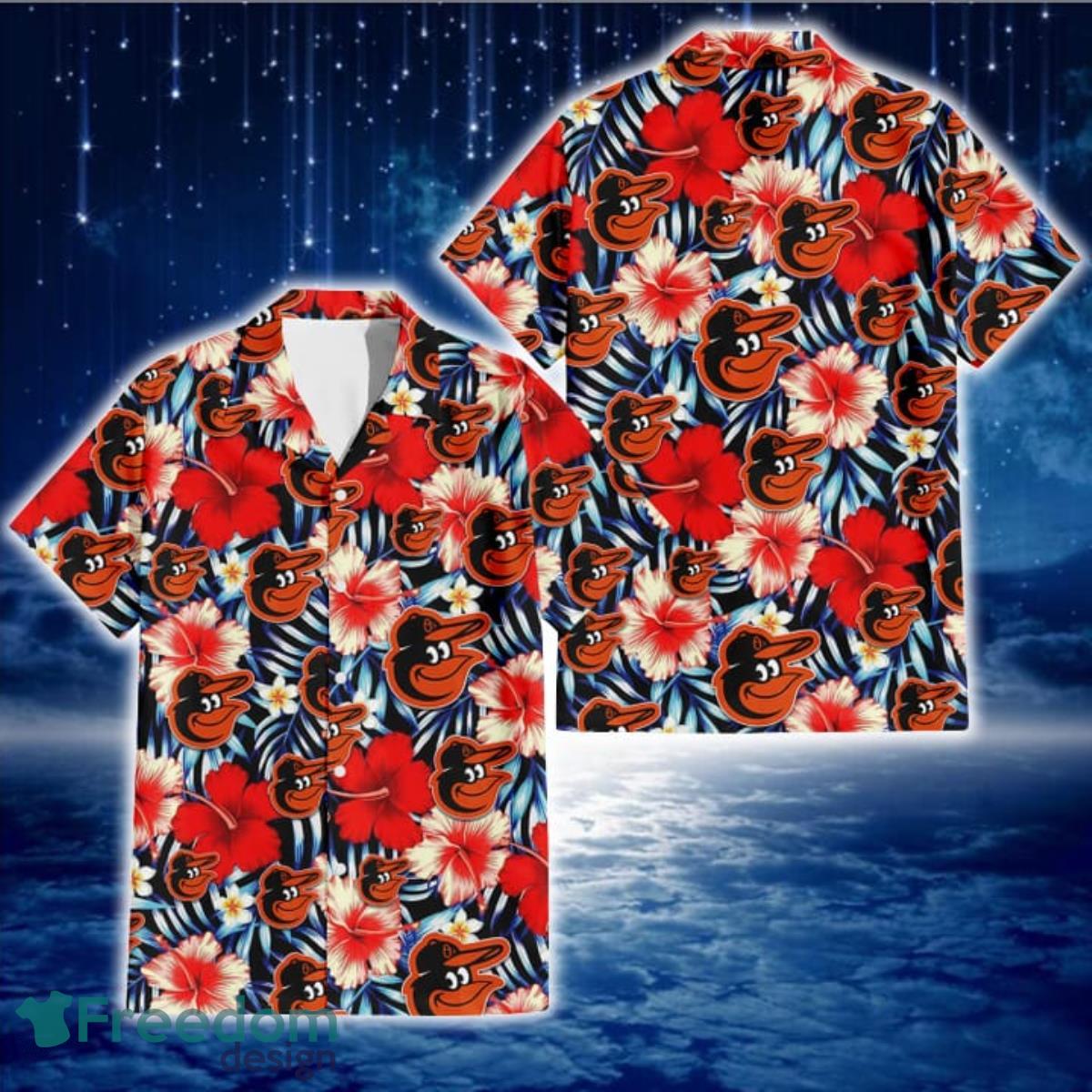 Baltimore Orioles Coral Red Hibiscus Blue Palm Leaf Black Background 3D Hawaiian Shirt Gift For Fans Baltimore Orioles Coral Red Hibiscus Blue Palm Leaf Black Background 3D Hawaiian Shirt Gift For Fans