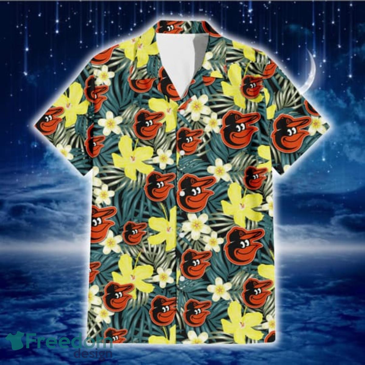 Baltimore-Orioles-Hibiscus-Green-Palm-Leaf-Black-Background-3D-Hawaiian-Shirt-Gift-For-Fans-1