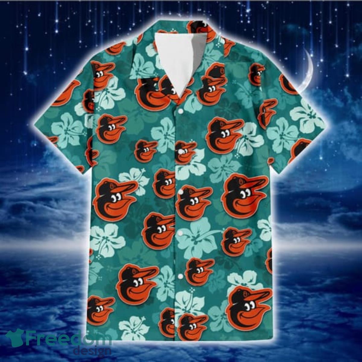 Baltimore-Orioles-Light-Sea-Green-Hibiscus-Green-Background-3D-Hawaiian-Shirt-Gift-For-Fans-1