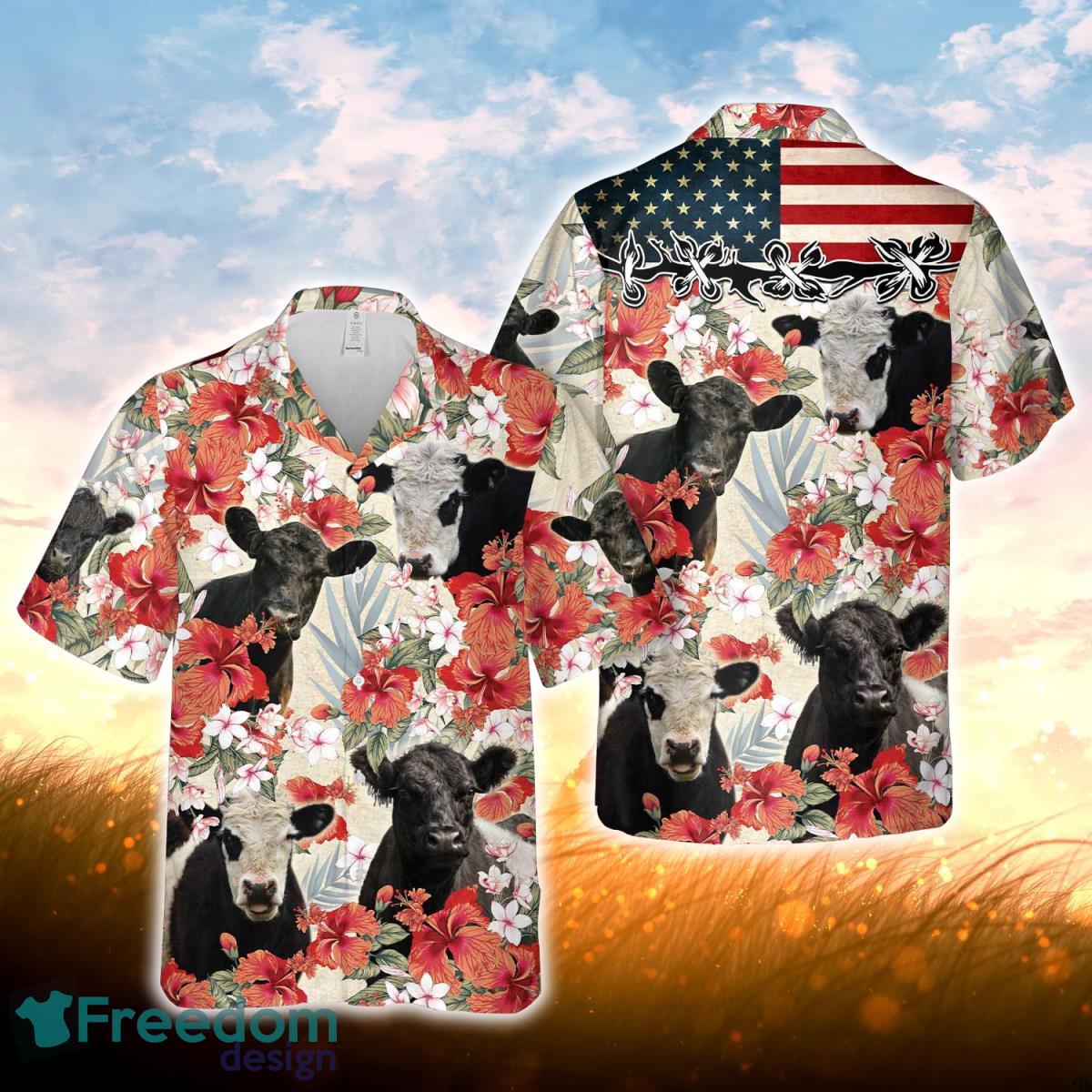 Belted Galloway Hibicus Floral US Flag 3D Hawaiian Shirt For Men Women Belted Galloway Hibicus Floral US Flag 3D Hawaiian Shirt For Men Women