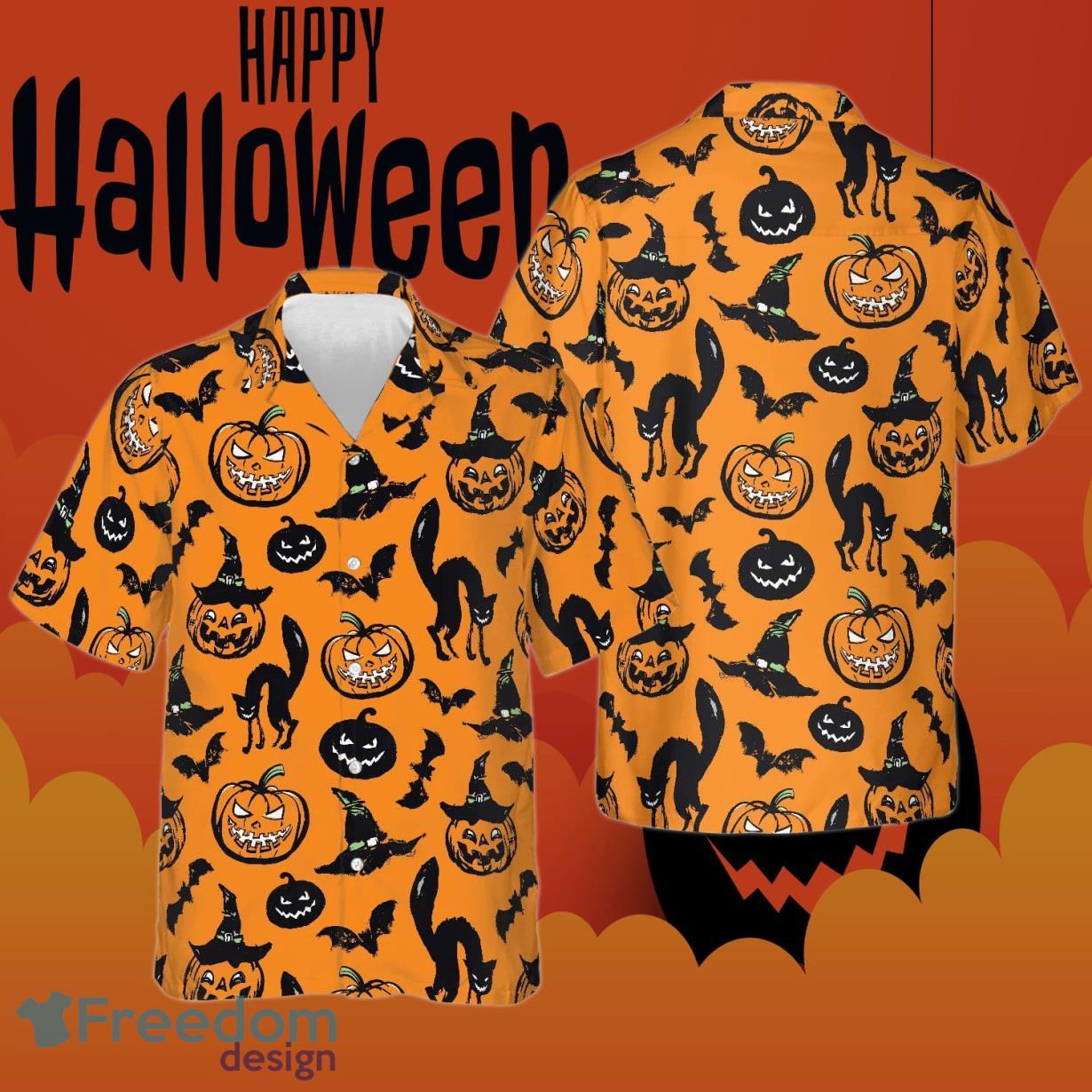 Black Cat Bat Pumpkin Halloween Hawaiian Shirt For Men Women Black Cat Bat Pumpkin Halloween Hawaiian Shirt For Men Women