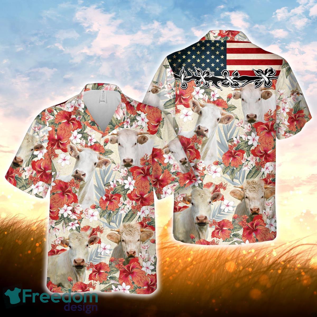 Charolais Hibicus Floral US Flag 3D Hawaiian Shirt For Men Women Charolais Hibicus Floral US Flag 3D Hawaiian Shirt For Men Women