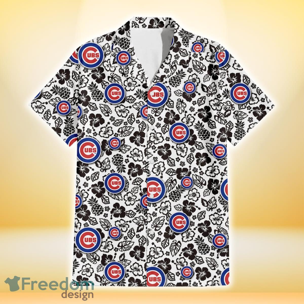 Chicago-Cubs-Black-And-White-Hibiscus-Leaf-White-Background-3D-Hawaiian-Shirt-Gift-For-Fans-1