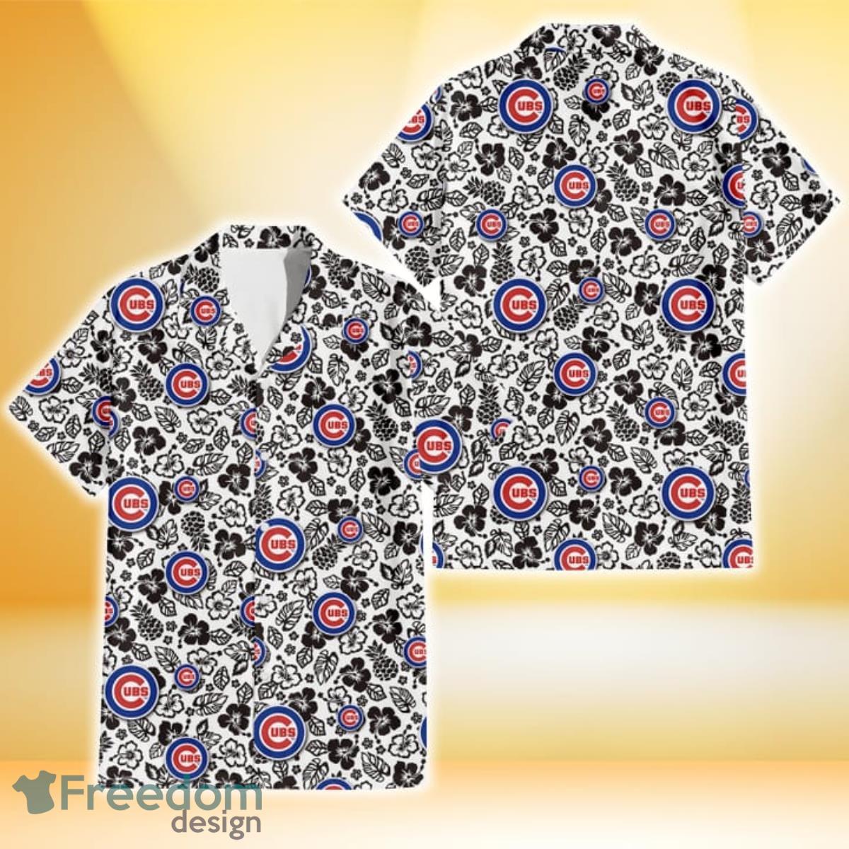 Chicago Cubs Black And White Hibiscus Leaf White Background 3D Hawaiian Shirt Gift For Fans Chicago Cubs Black And White Hibiscus Leaf White Background 3D Hawaiian Shirt Gift For Fans