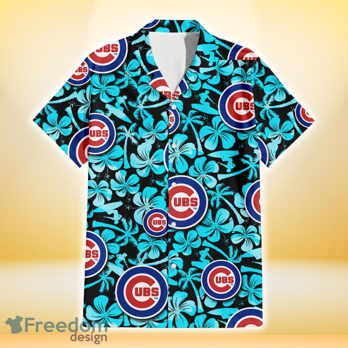Chicago-Cubs-Blue-Hibiscus-Blue-Coconut-Tree-Black-Background-3D-Hawaiian-Shirt-Gift-For-Fans-1