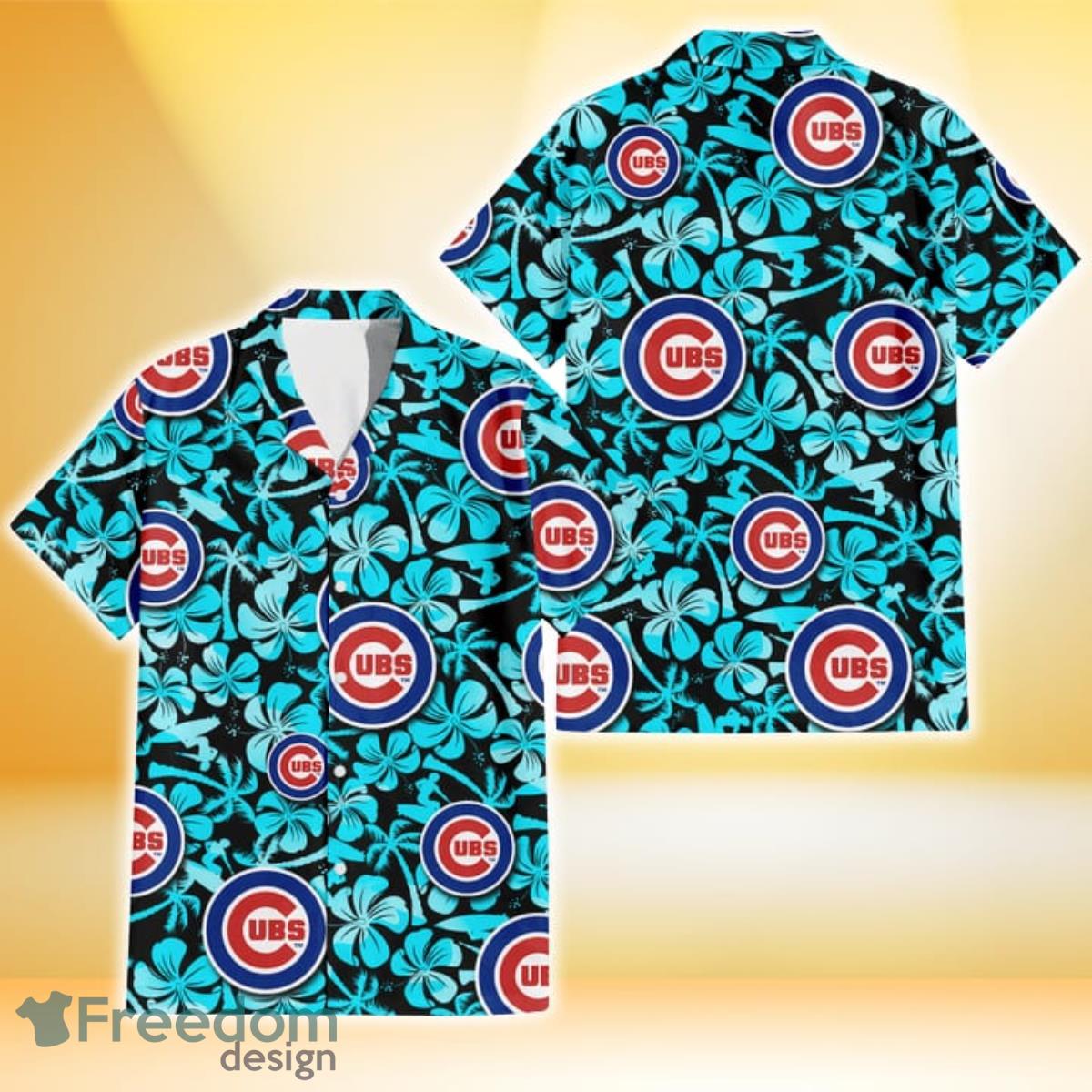Chicago Cubs Blue Hibiscus Blue Coconut Tree Black Background 3D Hawaiian Shirt Gift For Fans Chicago Cubs Blue Hibiscus Blue Coconut Tree Black Background 3D Hawaiian Shirt Gift For Fans