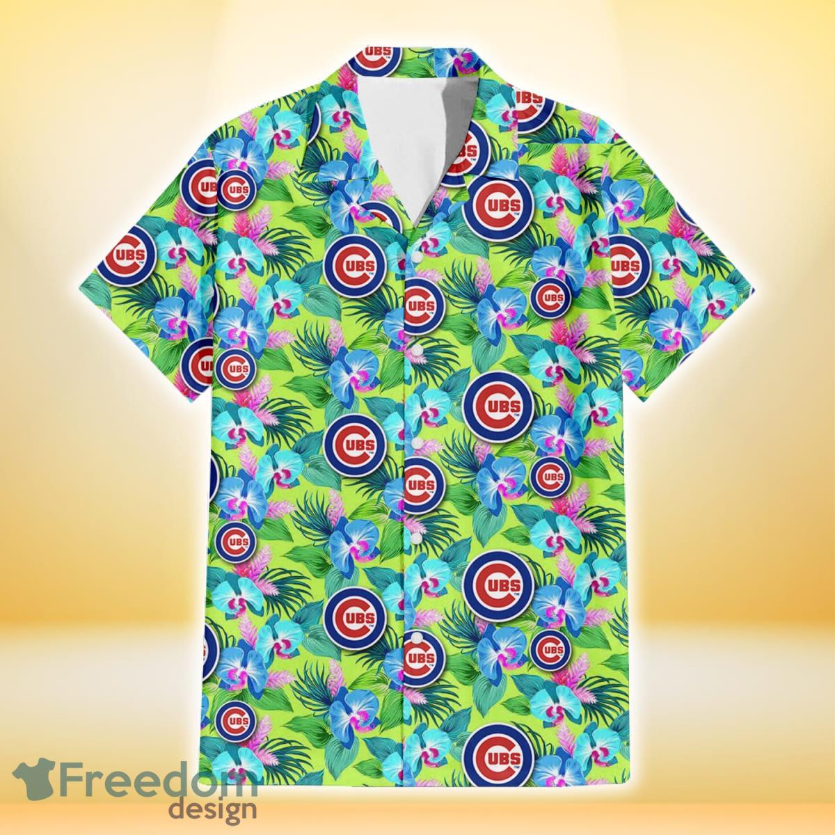 Chicago-Cubs-Blue-Orchid-Green-Pink-Leaf-Green-Background-3D-Hawaiian-Shirt-Gift-For-Fans-1