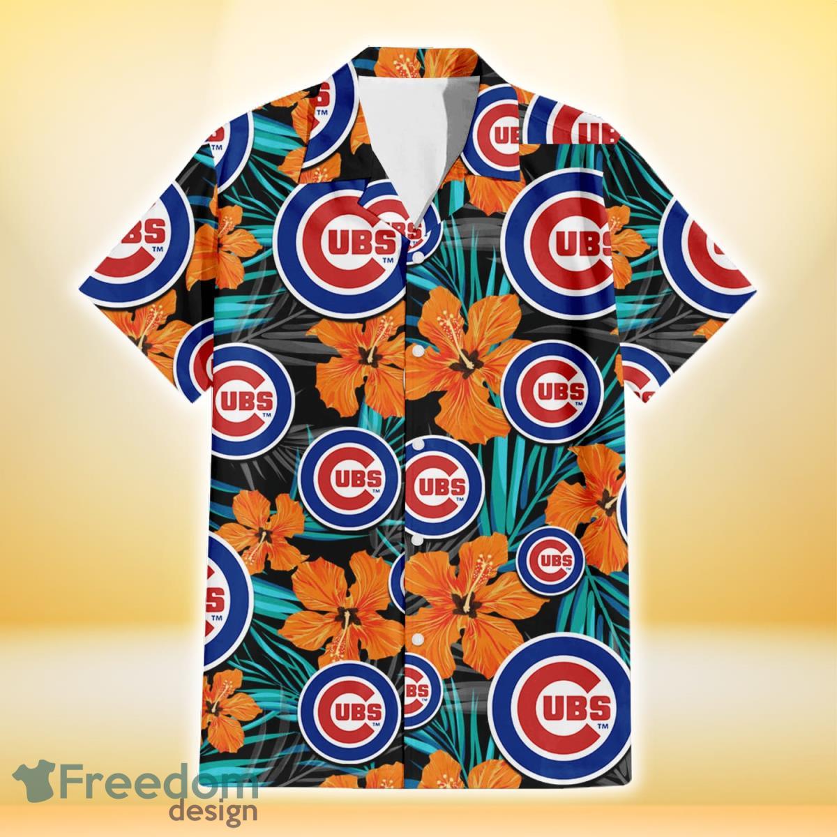Chicago-Cubs-Orange-Hibiscus-Blue-Gray-Leaf-Black-Background-3D-Hawaiian-Shirt-Gift-For-Fans-1