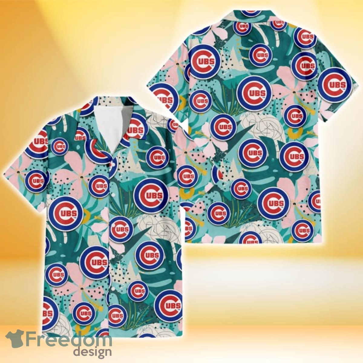 Chicago Cubs Pastel Hibiscus Palm Leaf Tiny Dot Green Background 3D Hawaiian Shirt Gift For Fans Chicago Cubs Pastel Hibiscus Palm Leaf Tiny Dot Green Background 3D Hawaiian Shirt Gift For Fans