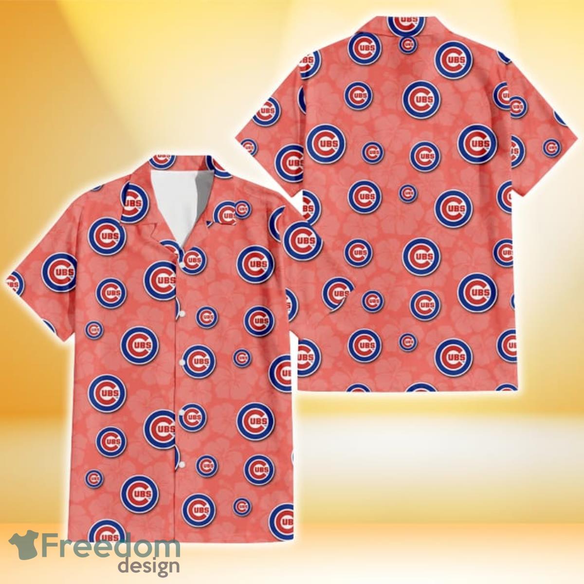 Chicago Cubs Peach Puff Hibiscus Tomato Orange Background 3D Hawaiian Shirt Gift For Fans Chicago Cubs Peach Puff Hibiscus Tomato Orange Background 3D Hawaiian Shirt Gift For Fans