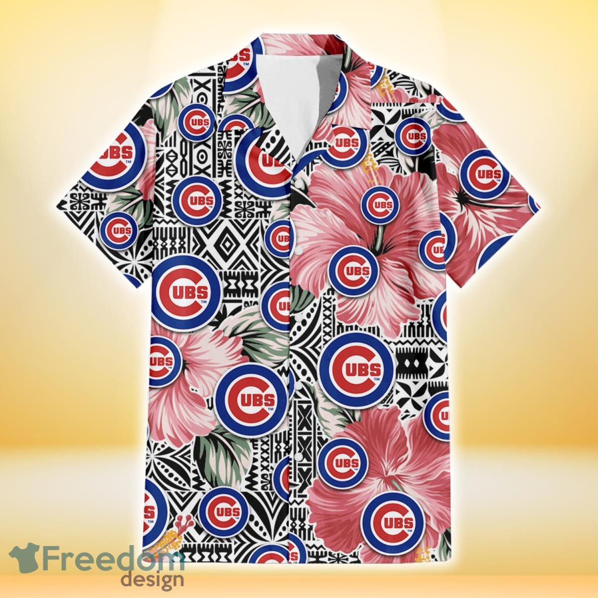 Chicago-Cubs-Pink-Hibiscus-Black-Pattern-White-Background-3D-Hawaiian-Shirt-Gift-For-Fans-1