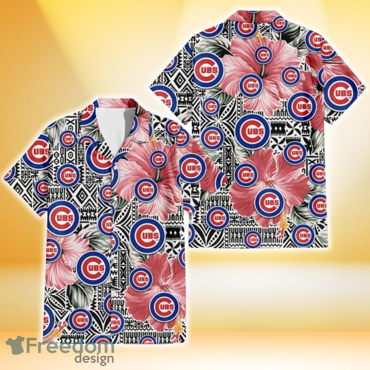 Chicago Cubs Pink Hibiscus Black Pattern White Background 3D Hawaiian Shirt Gift For Fans Chicago Cubs Pink Hibiscus Black Pattern White Background 3D Hawaiian Shirt Gift For Fans