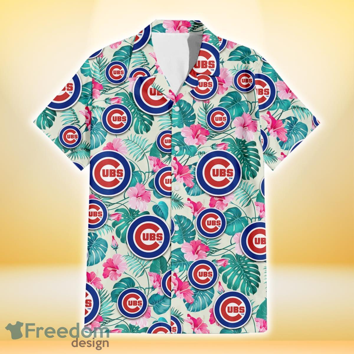 Chicago-Cubs-Pink-Hibiscus-Green-Leaf-Beige-Background-3D-Hawaiian-Shirt-Gift-For-Fans-1