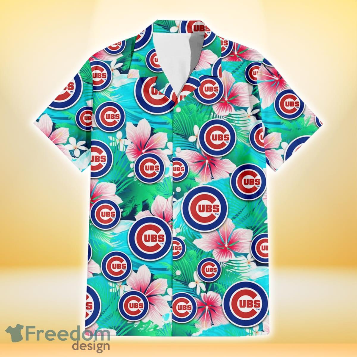 Chicago-Cubs-Pink-Hibiscus-Green-Leaf-Blue-Background-3D-Hawaiian-Shirt-Gift-For-Fans-1