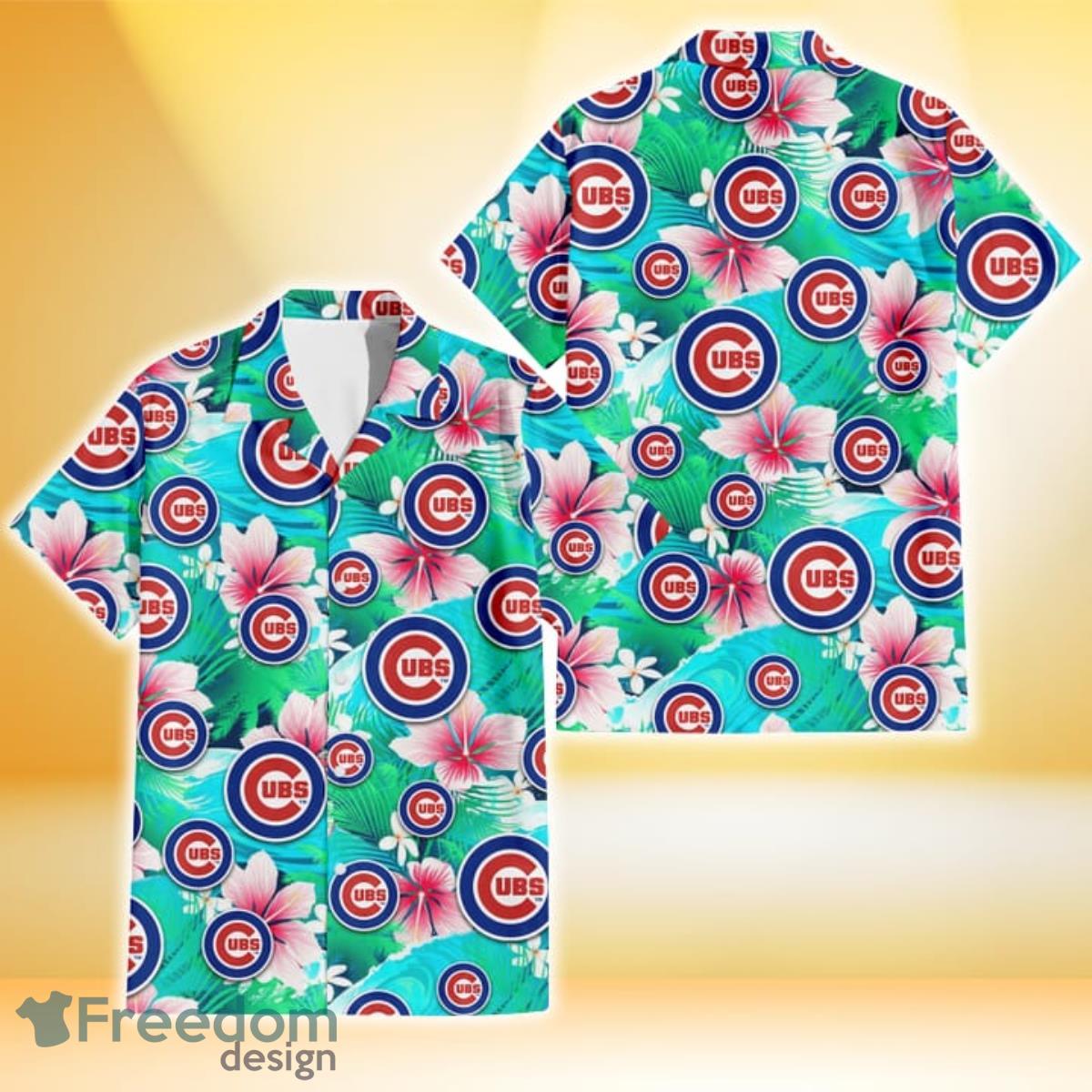 Chicago Cubs Pink Hibiscus Green Leaf Blue Background 3D Hawaiian Shirt Gift For Fans Chicago Cubs Pink Hibiscus Green Leaf Blue Background 3D Hawaiian Shirt Gift For Fans