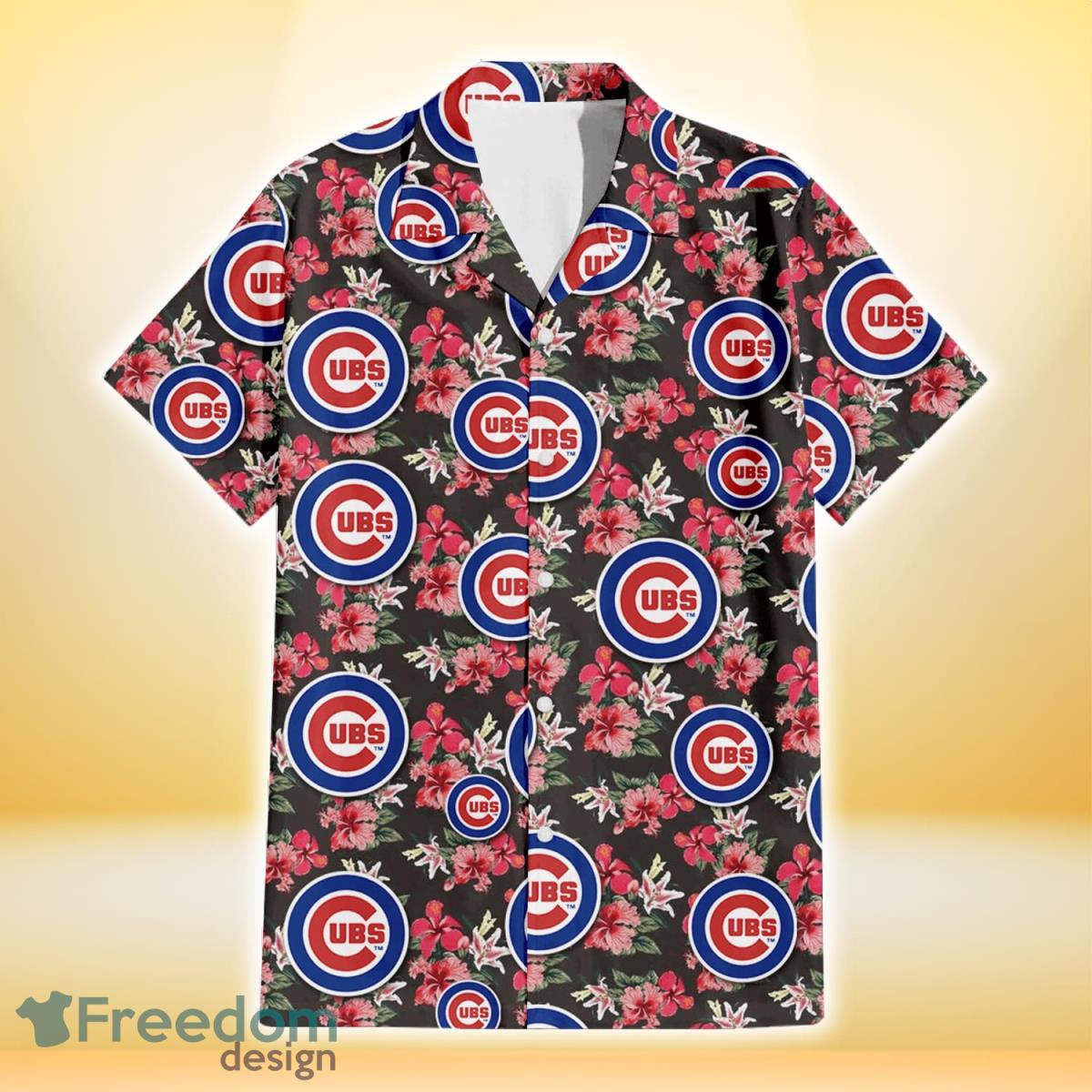 Chicago-Cubs-Pink-Hibiscus-Orchid-Brown-Background-3D-Hawaiian-Shirt-Gift-For-Fans-1