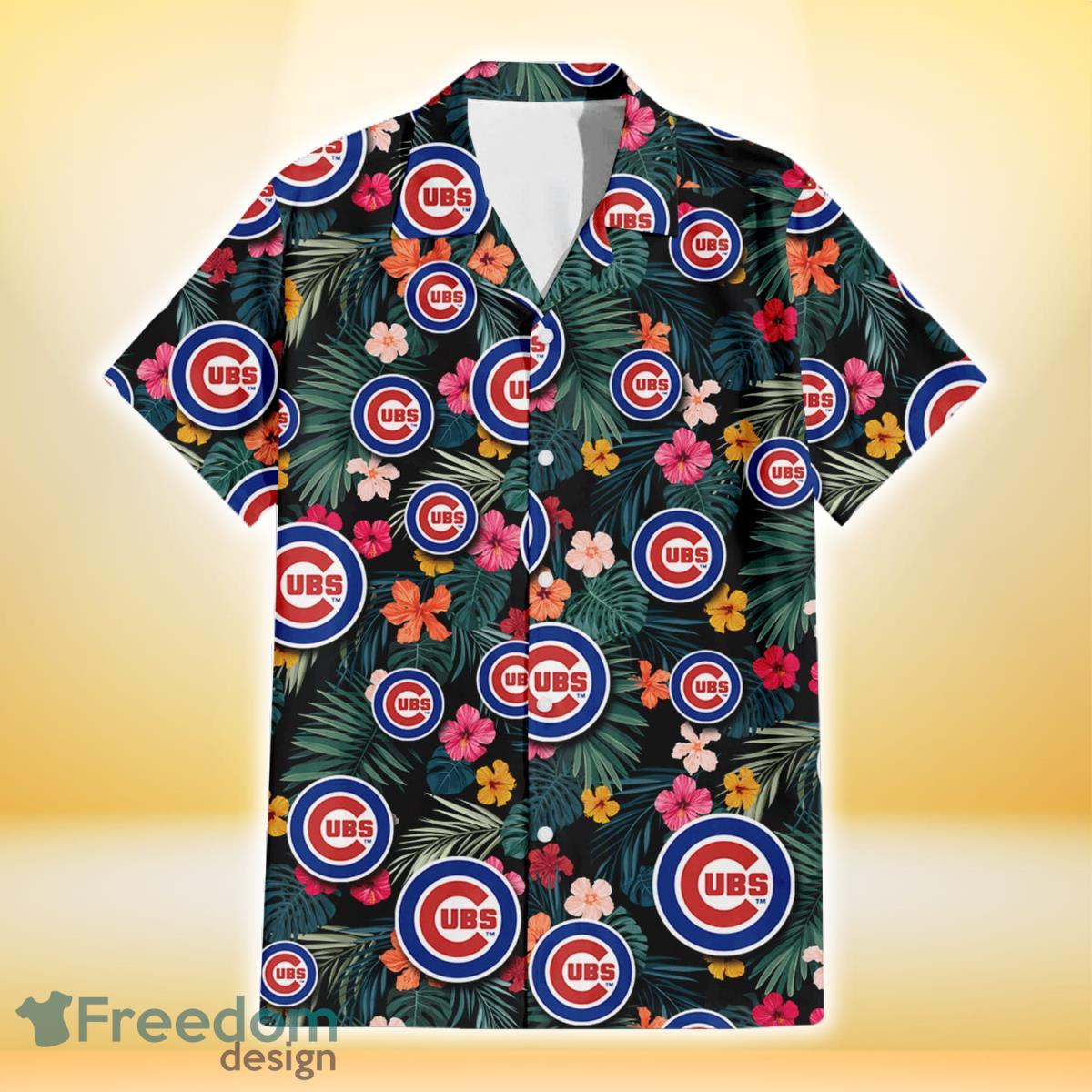 Chicago-Cubs-Pink-Yellow-Orange-Hibiscus-Big-Tropical-Leaf-Black-Background-3D-Hawaiian-Shirt-Gift-For-Fans-1