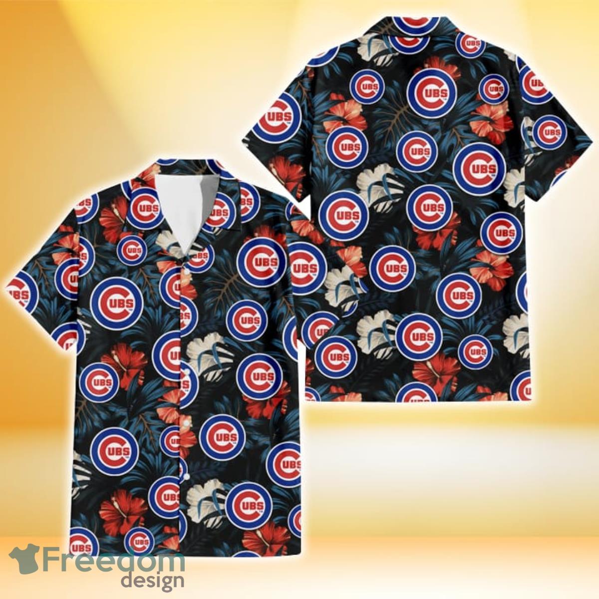 Chicago Cubs Red And White Hibiscus Dark Leaf Black Background 3D Hawaiian Shirt Gift For Fans Chicago Cubs Red And White Hibiscus Dark Leaf Black Background 3D Hawaiian Shirt Gift For Fans
