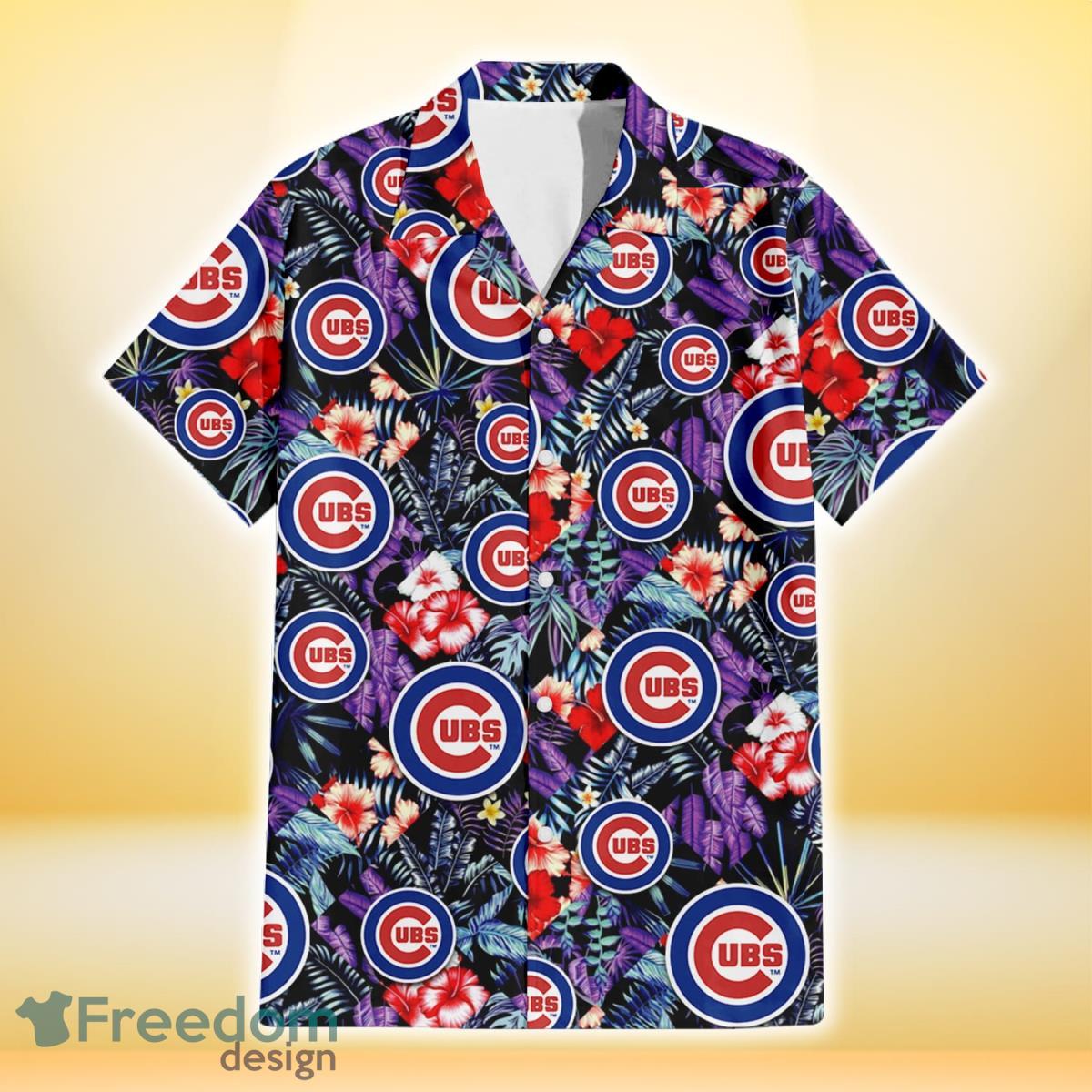 Chicago Cubs Red Hibiscus Caro Black Background 3D Hawaiian Shirt Gift For Fans