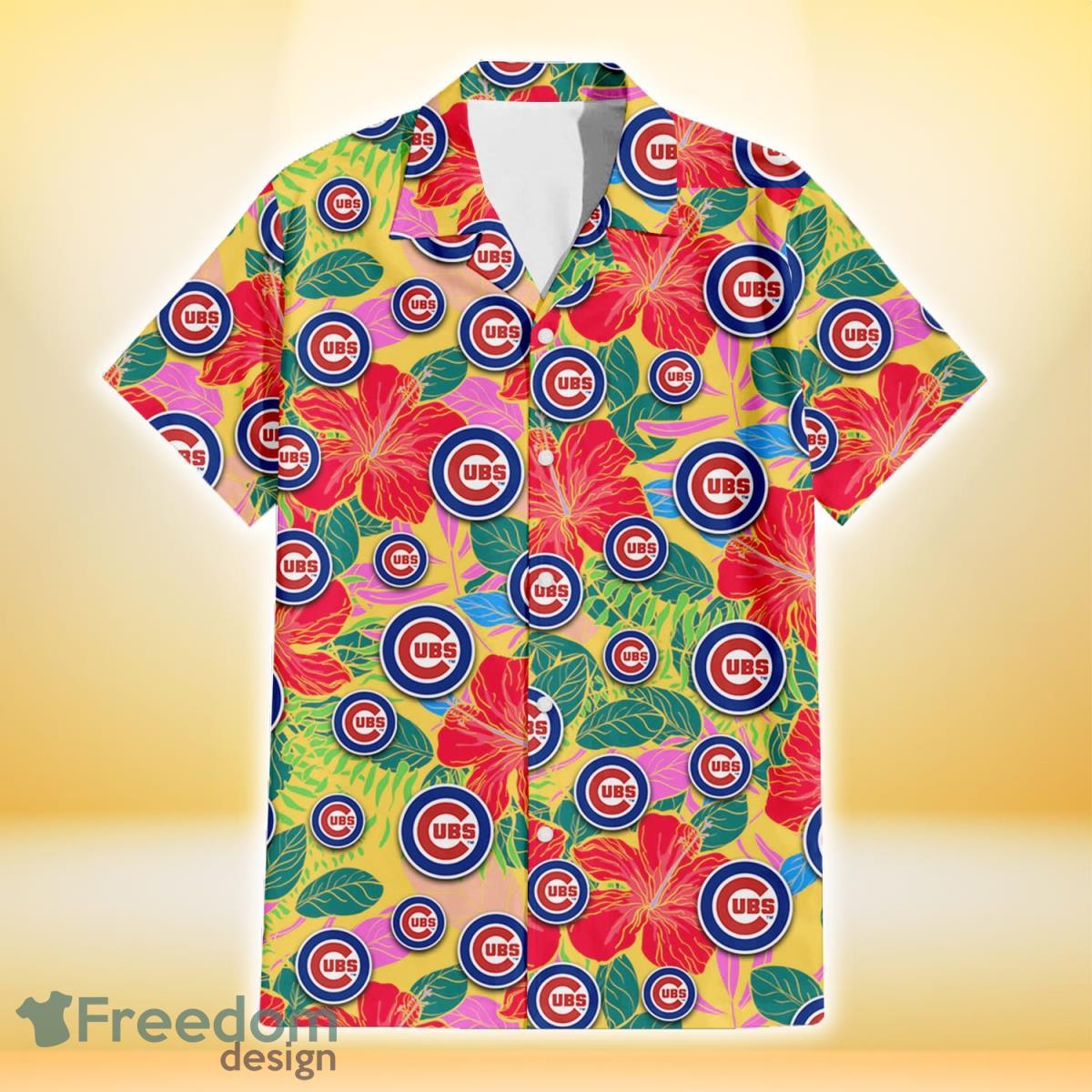 Chicago-Cubs-Red-Hibiscus-Green-Blue-Leaf-Yellow-Background-3D-Hawaiian-Shirt-Gift-For-Fans-1