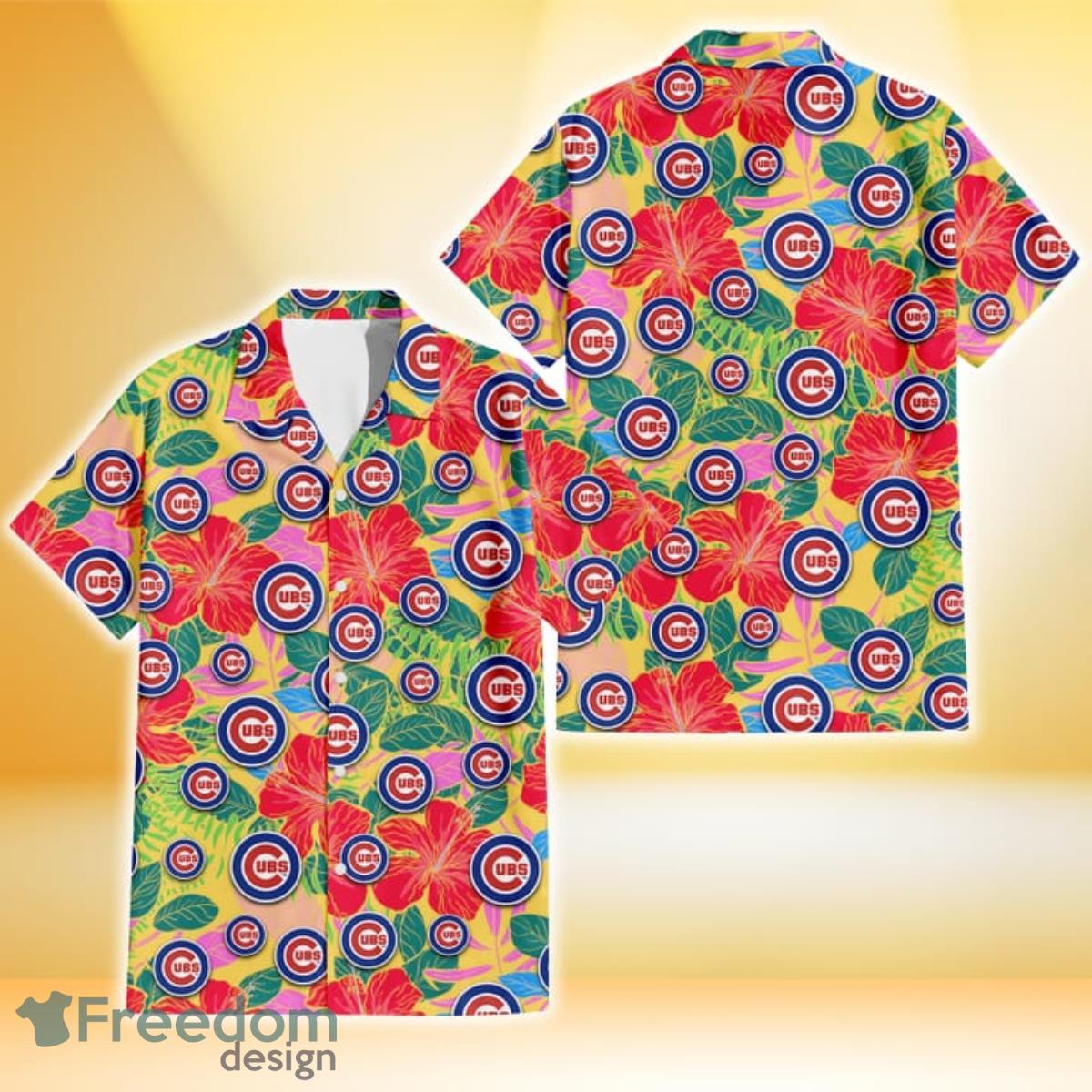 Chicago Cubs Red Hibiscus Green Blue Leaf Yellow Background 3D Hawaiian Shirt Gift For Fans Chicago Cubs Red Hibiscus Green Blue Leaf Yellow Background 3D Hawaiian Shirt Gift For Fans