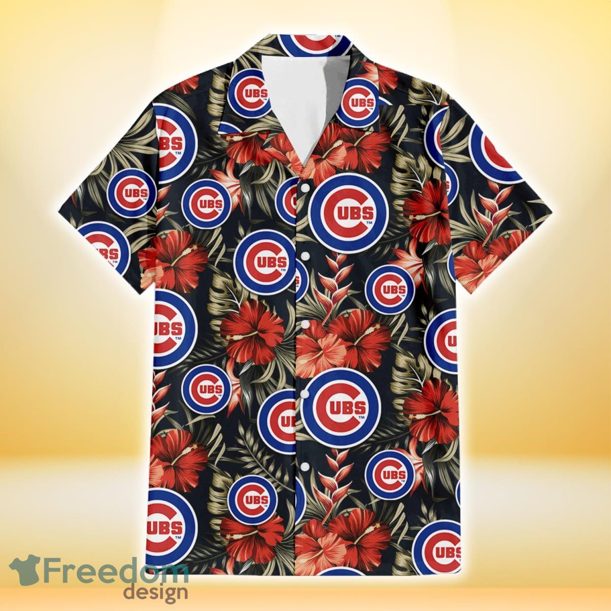 Chicago-Cubs-Red-Hibiscus-Green-Leaf-Dark-Background-3D-Hawaiian-Shirt-Gift-For-Fans-1