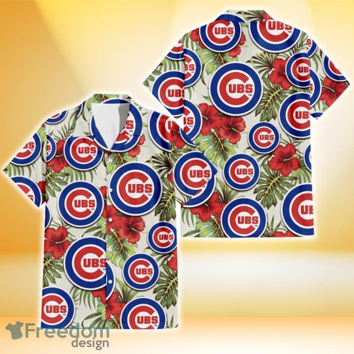 Chicago Cubs Red Hibiscus Green Tropical Leaf Cream Background 3D Hawaiian Shirt Gift For Fans Chicago Cubs Red Hibiscus Green Tropical Leaf Cream Background 3D Hawaiian Shirt Gift For Fans