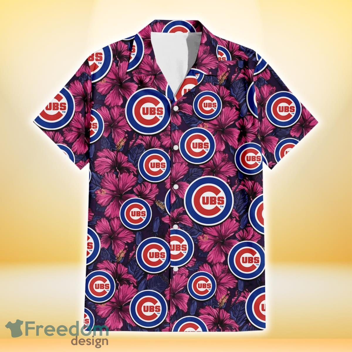Chicago-Cubs-Violet-Red-Blue-Leaf-Black-Background-3D-Hawaiian-Shirt-Gift-For-Fans-1