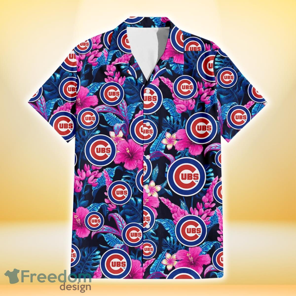Chicago-Cubs-Violet-Red-Hibiscus-Blue-Leaf-Black-Background-3D-Hawaiian-Shirt-Gift-For-Fans-1