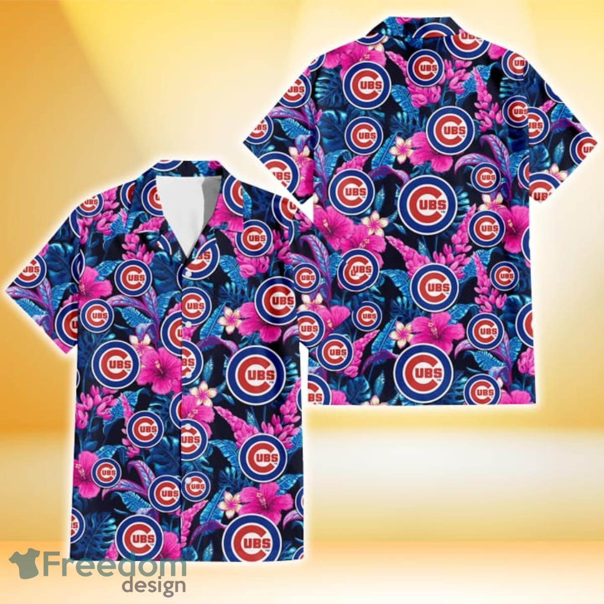 Chicago Cubs Violet Red Hibiscus Blue Leaf Black Background 3D Hawaiian Shirt Gift For Fans Chicago Cubs Violet Red Hibiscus Blue Leaf Black Background 3D Hawaiian Shirt Gift For Fans