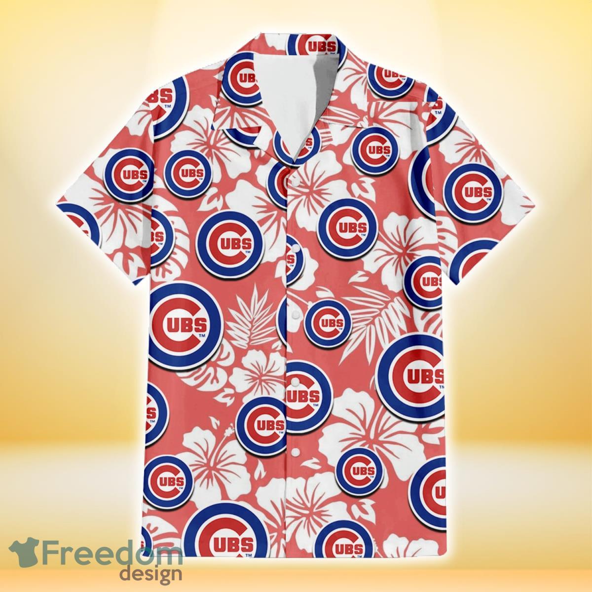 Chicago Cubs White Hibiscus Salmon Background 3D Hawaiian Shirt Gift For Fans